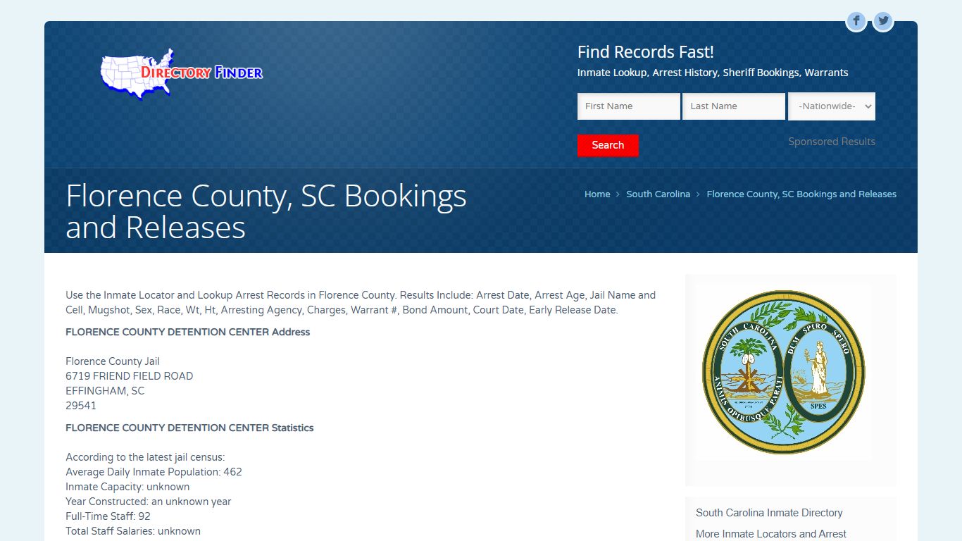 Florence County, SC Bookings and Releases | People Lookup