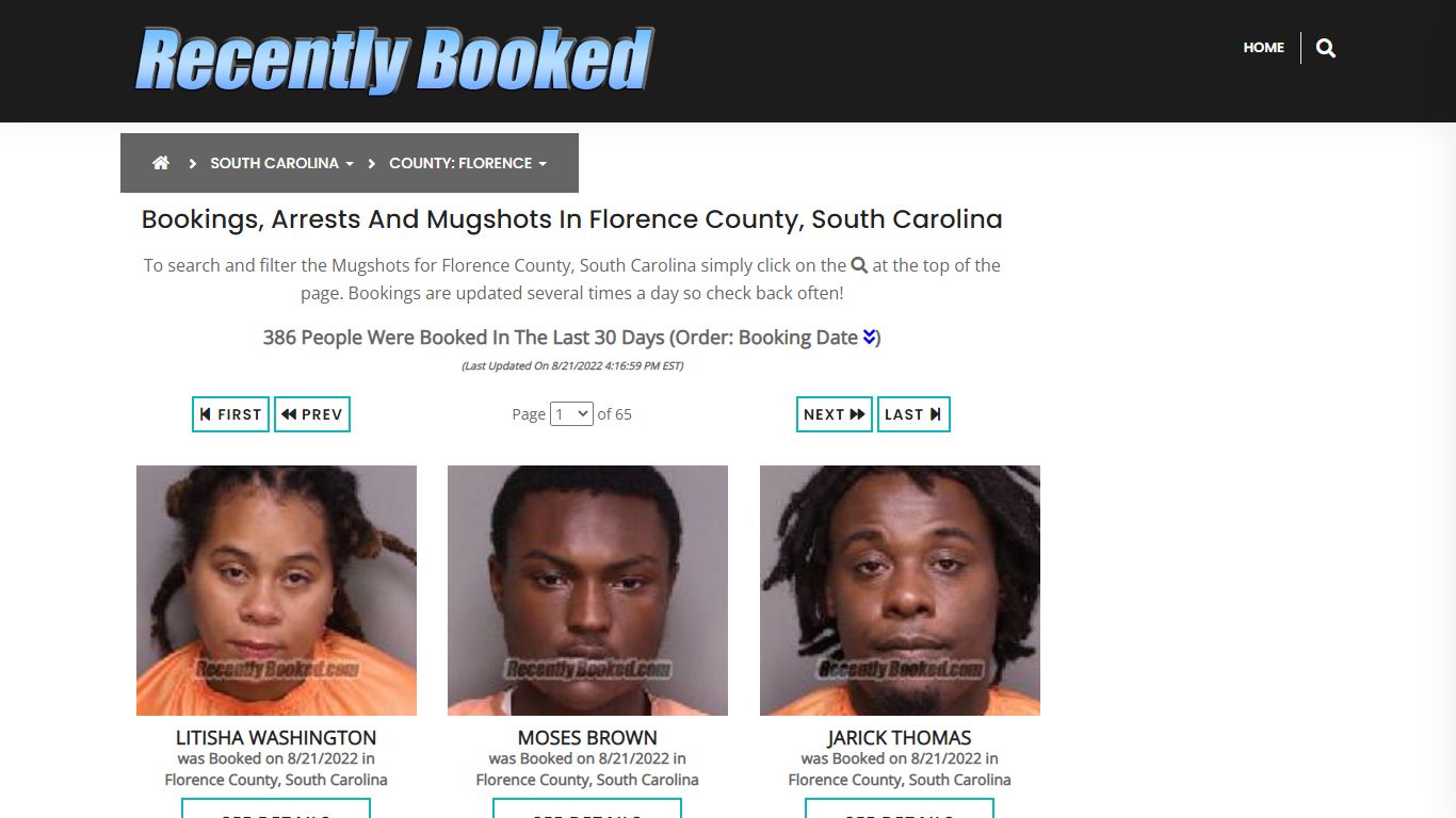 Bookings, Arrests and Mugshots in Florence County, South Carolina